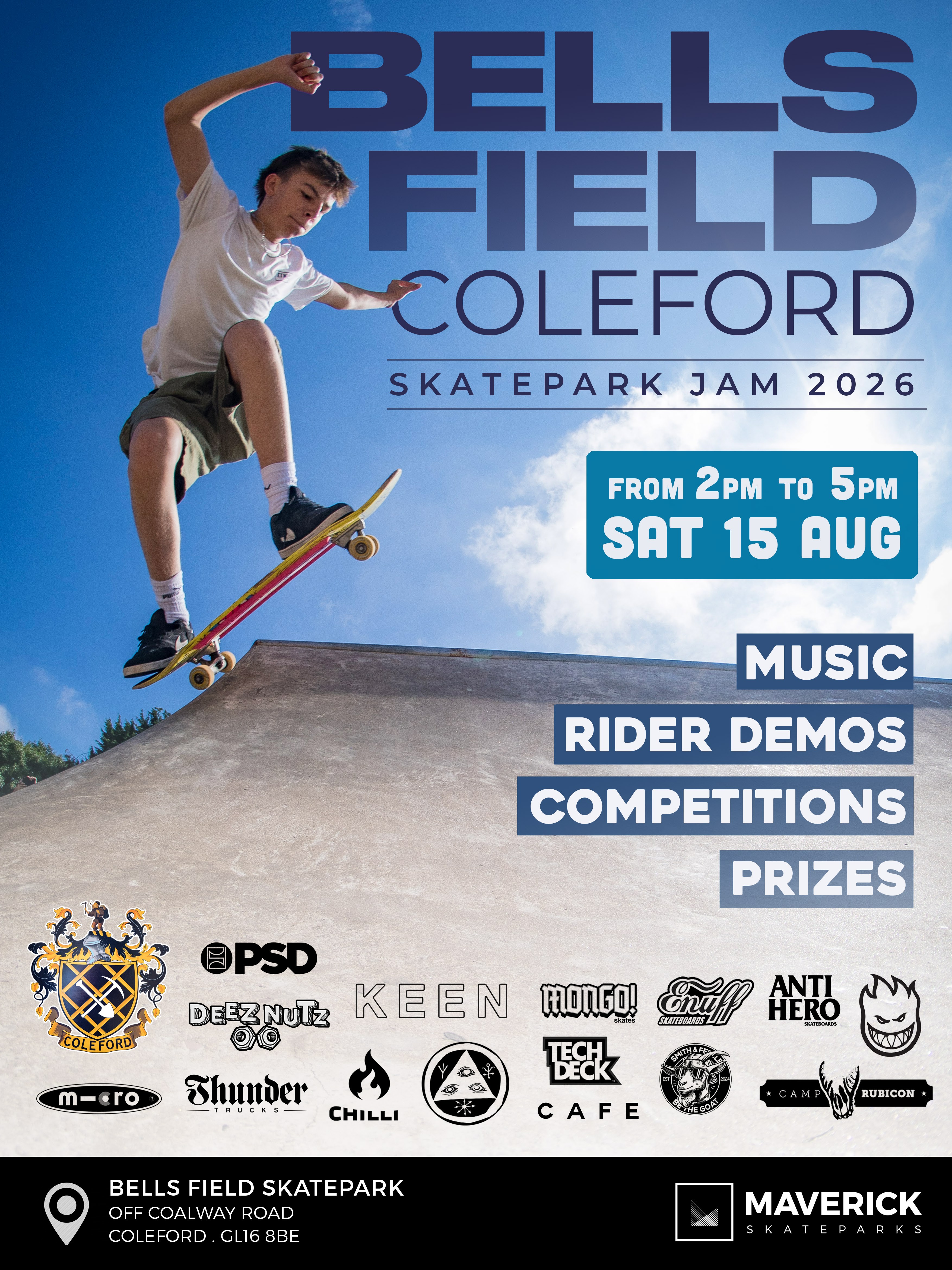 Bells Field Skatepark Jam. Saturday 5th Aug 2pm - 5pm